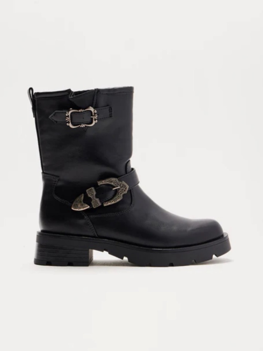 Fashion Nova Black Faux Leather Buckle Mid-Calf Boots